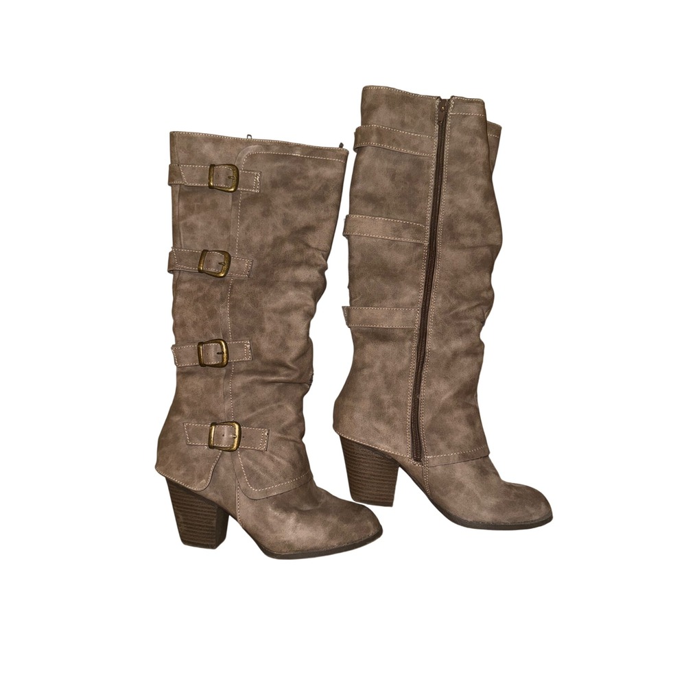 Rocket Dog Natalie Taupe Brown Buckle Slouchy Tall Moto Boots Women 6.5M
